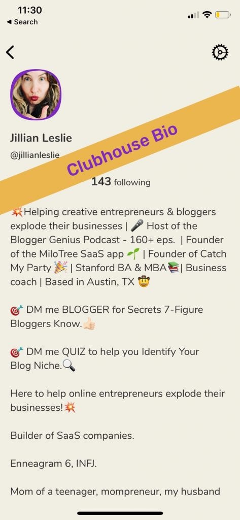 Jillian Leslie Clubhouse Bio Example | MiloTree